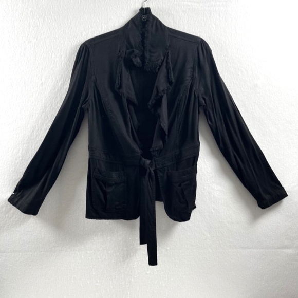 Maven West Black Long Sleeve Ruffle Jacket Silky Wash Tercel Women's Medium - Picture 3 of 9